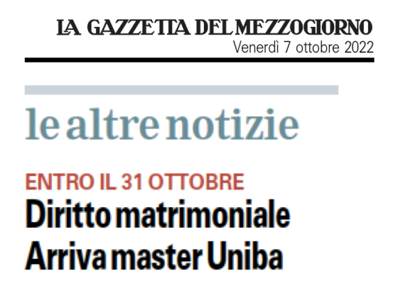 Rassegna stampa: il Master in Diritto matrimoniale su “La Gazzetta del Mezzogiorno” del 07.10.2022